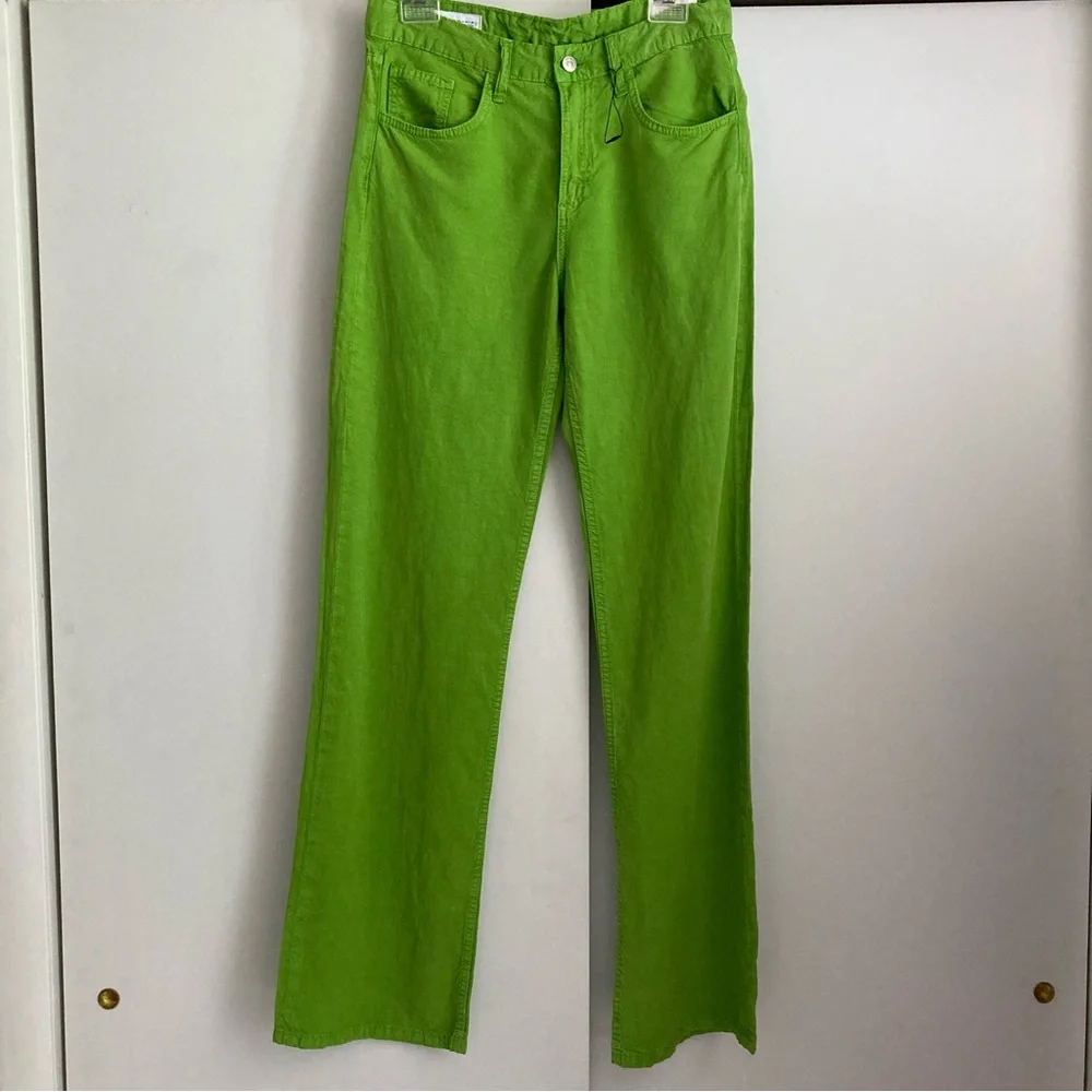 Zara Bright Green Linen Blend Mid Rise Full Length Wide Leg Pants, NWT Sz 4